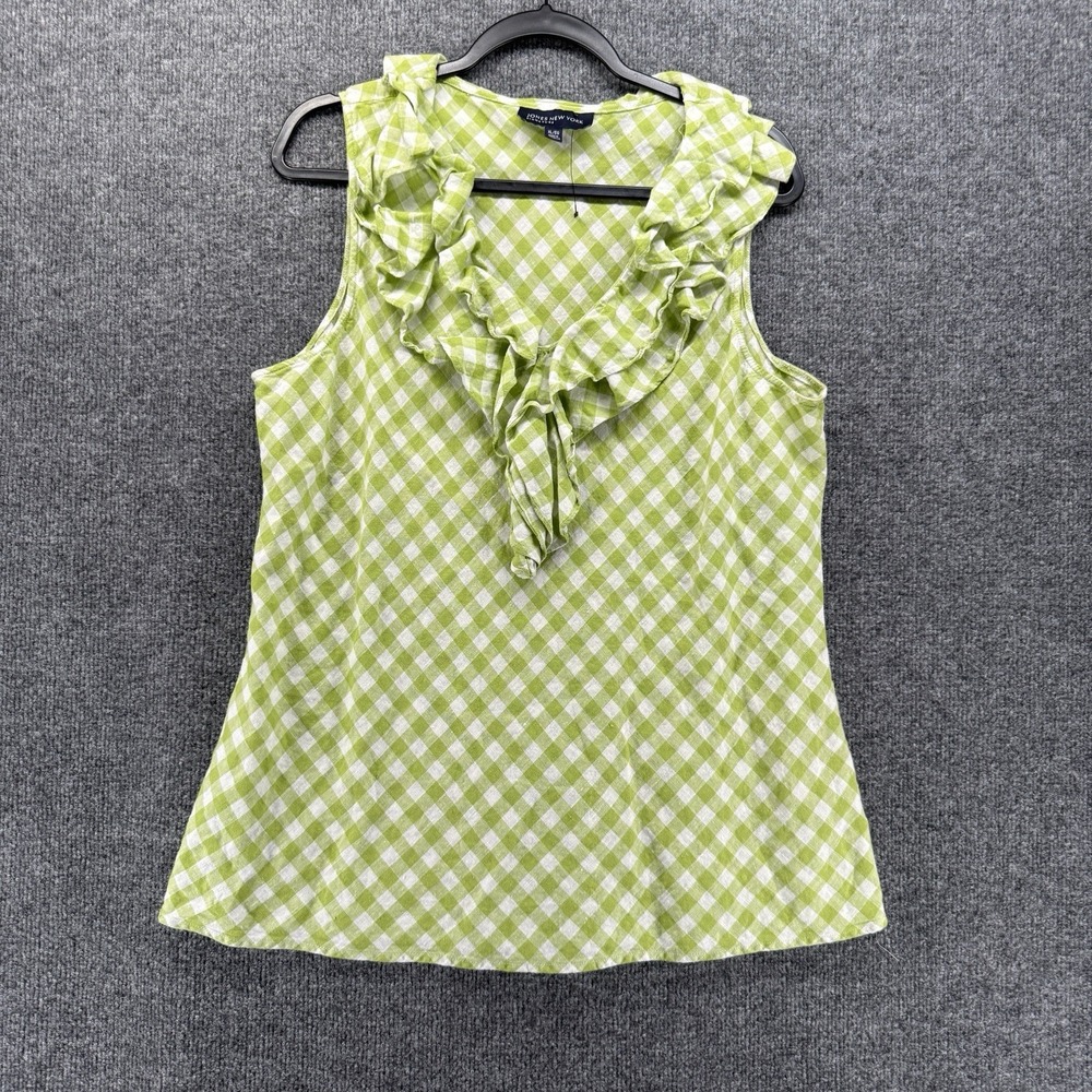 Jones New York Top Womens XL 100% Linen Green Plaid V-Neck Sleeveless Preppy